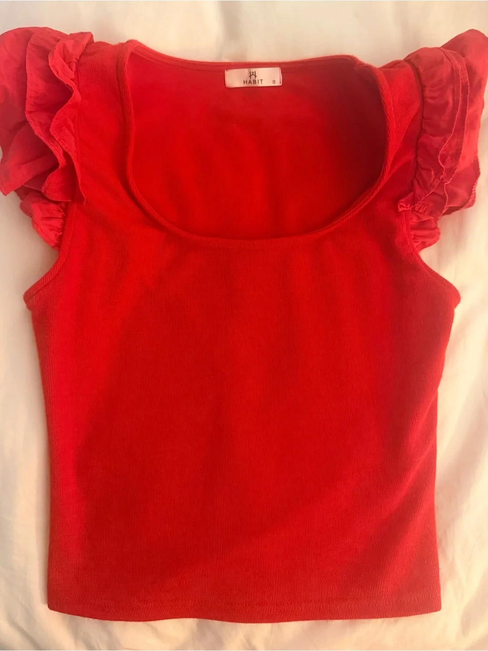 Habit Ruffle-Sleeve Scoop Neck Tank in Red EUC - Picture 2 of 6